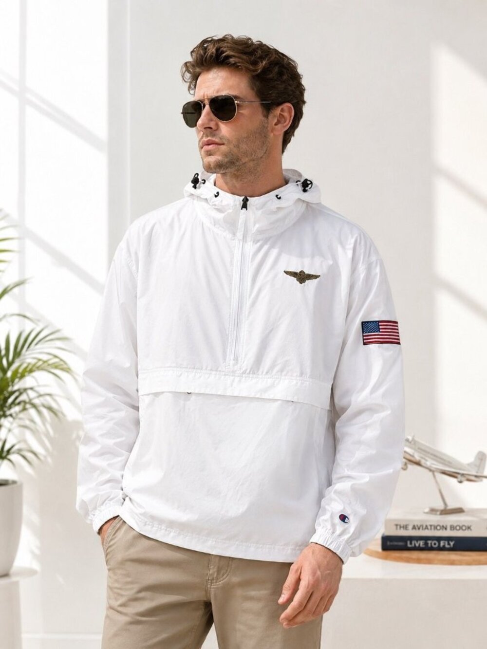 Champion White Half-Zip Hooded Windbreaker Aviation USA Flag Flag Patch Medium